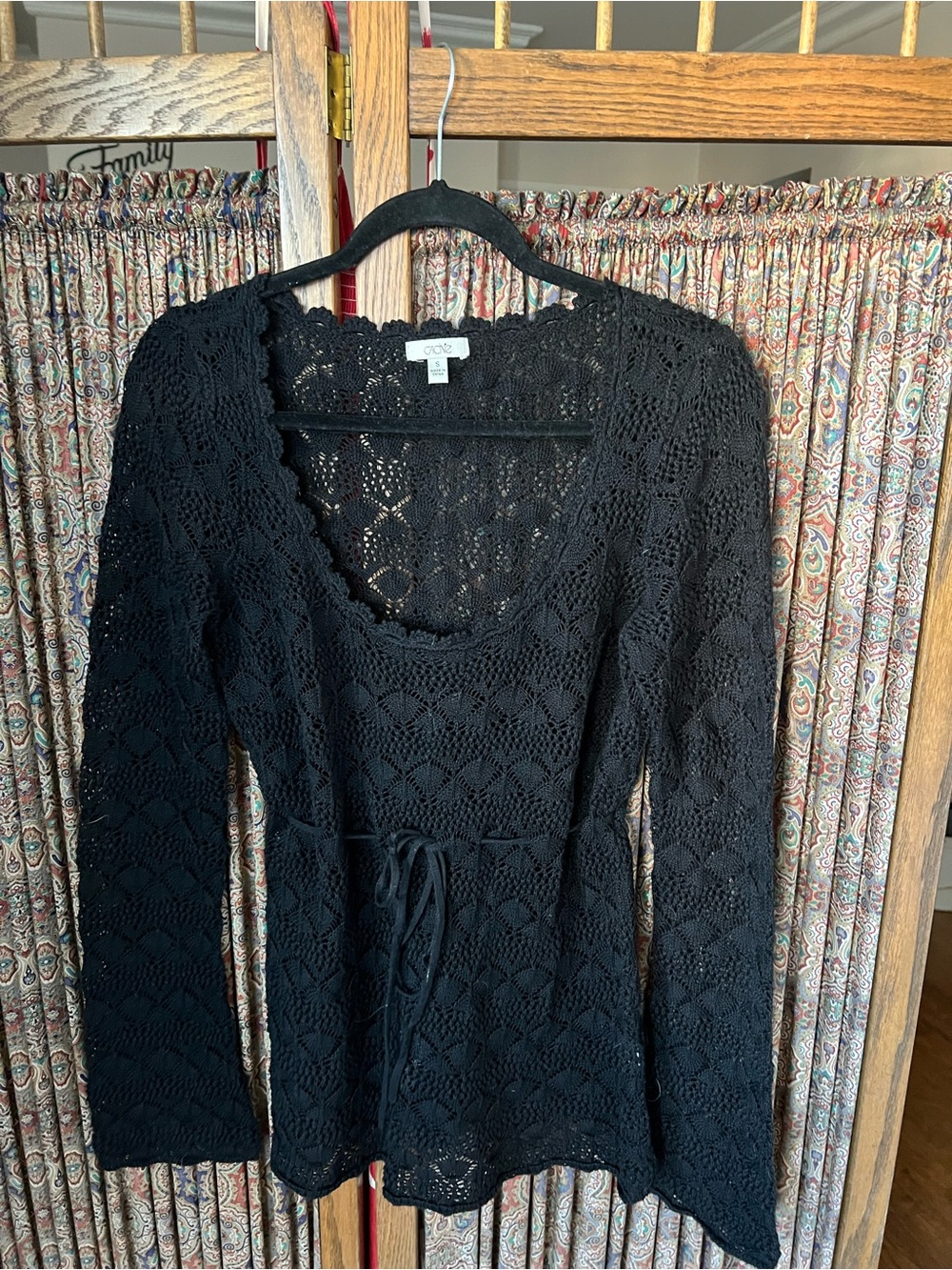 Cache Black Crochet Long-Sleeve Tie-Waist Dress